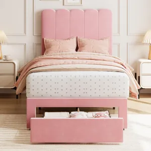 Twin Bed Frame With Under-bed Drawer, Pink Velvet Upholstered Platform Bed with Wave Headboard for Kids / Girls, Wooden Slats Support, No Box Spring Needed, Pink