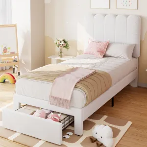Twin Bed Frame with Storage Drawer and Headboard, Boucle Upholstered Twin Platform Bed Frame for Girls, Strong Wooden Slats Support, Noise-Free, Easy Assembly (Boucle Beige)