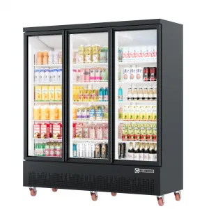 56.5 Cu.Ft. Commercial Display Refrigerator, 3 Glass Doors, Adjustable Shelves, Fan Cooling, Black Exterior, White Interior for Restaurant & Grocery Stores