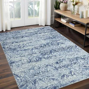 Medallion & Damask Blue 8x10 Washable Rug, Soft Vintage Distressed Large Area Rugs for Bedroom Boho Abstract Indoor Floor Carpet, Low Pile Non-Slip Damask Accent Rugs for Living Room Dining Room