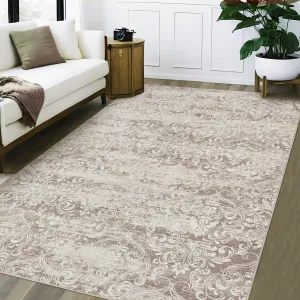 Medallion & Damask Camel 8x10 Neutral Area Rugs, Living Room Rugs, Soft Vintage Damask Distressed Large Rugs for Bedroom Boho Abstract Indoor Floor Carpet, Low Pile Non-Slip Farmhouse Rugs for Living Room Dining Room