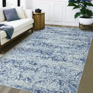 Medallion & Damask Blue 9x12 Area Rug for Living Room Washable, Soft Vintage Distressed Large Bedroom Rugs Boho Abstract Indoor Floor Carpet, Low Pile Non-Slip Damask Accent Rugs for Dining Room