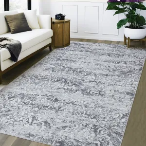 Medallion & Damask Grey 5x7 Washable Area Rugs for Living Room, Soft Vintage Damask Distressed Large Bedroom Rug Foldable Low Pile Indoor Floor Carpet, Boho Abstract Non-Slip Throw Rugs for Bedroom Dining Room