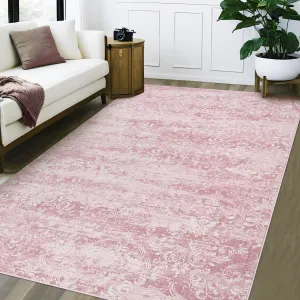 Medallion & Damask Pink 6x9 Rug, Machine Washable, Soft Vintage Damask Distressed Large Area Rugs for Living Room Bedroom Dining Room, Boho Abstract Foldable Indoor Floor Carpet Ultra-Thin Non-Slip Nursery Rugs