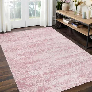 Medallion & Damask Pink 10x13 Area Rugs for Living Room Washable, Soft Vintage Damask Distressed Large Bedroom Rugs Boho Abstract Indoor Floor Carpet, Low Pile Non-Slip Rugs for Nursery Dining Room