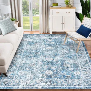 Vintage Rugs 8x10, Indoor Vintage Living Room Carpet Kitchen Washable Distressed Rug Floral Bedroom Rug Retro Accent Throw Rug for Office Dining Room Bathroom