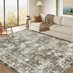 8x10 Large Washable Area Rug Vintage Distressed Floor Carpet Traditional Floral Rug, Soft Thin Rug, Non Slip Non Shedding Low Pile Rug, Indoor Oriental Rug for Bedroom, Living Room, Camel
