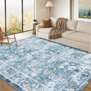 Vintage Floral Area Rug 9x12 Non Slip Non Shedding Floor Carpet Low Pile Thin Rug, Large Washable Thin Rug, Distressed Gray Rug, Indoor Oriental Rug for Living Room, Bedroom, Blue