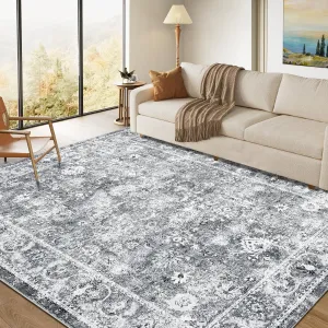 Vintage Floral Area Rug 9x12 Non Slip Non Shedding Floor Carpet Low Pile Thin Rug, Large Washable Thin Rug, Distressed Gray Rug, Indoor Oriental Rug for Living Room, Bedroom, Office