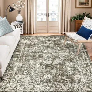 Persian Camel Green 5x7 Washable Vintage Floral Area Rug, Boho Non-Slip Indoor Foldable Carpet,Stain Resistant Distressed Print Mat for Living Room/Bedroom/ Kitchen/ Dining Room/Kids Room/Nursery