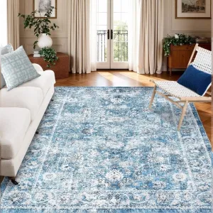 Persian Blue 5x7 Washable Vintage Floral Area Rug, Boho Non-Slip Indoor Foldable Carpet,Stain Resistant Distressed Print Mat for Living Room/Bedroom/ Kitchen/ Dining Room/Kids Room/Nursery