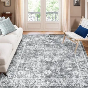 Persian Grey 5x7 Washable Vintage Floral Area Rug,Boho Non-Slip Indoor Foldable Carpet,Stain Resistant Distressed Print Mat for Living Room/Bedroom/ Kitchen/ Dining Room/Kids Room/Nursery