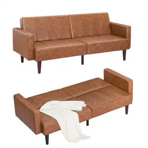 75" Futon Sofa Bed, Mid-Century Modern Futon Couch, Convertible Sleeper Sofa with Adjustable Backrest, Loveseat, Small Sofa with Side Pockets, PU Leather Sofa Couch for Living Room, Brown
