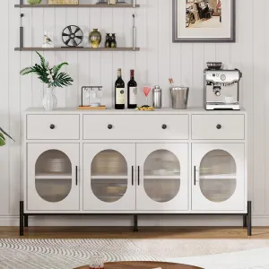 62" Large Sideboard Buffet Cabinet with Storage and 3 Drawers, Buffet Table Coffee Bar Storage Cabinet with 4 Glass Doors for Dining Room, Living Room, Kitchen, White
