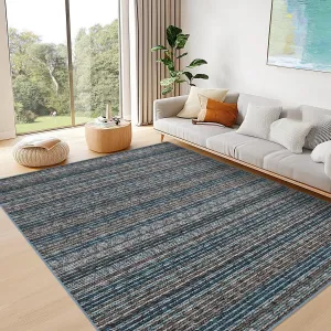 9x12 Area Rug Modern Striped Rugs for Living Room Printed Braid Rugs Large Area Rugs Non-Slip Soft Gradient Rug for Bedroom Print Thin Abstract Carpet for Home Office, Blue