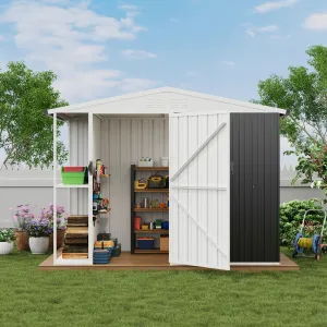 8' x 4' Outdoor Metal Storage Shed with Sloping Roof, Lockable Door, 2-Tier Shelves, Firewood Storage, Black and White, Backyard Patio Garage