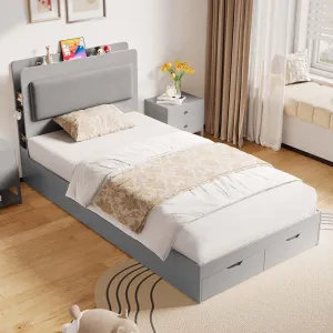 Twin Size Bed Frame with Wooden Slat Support, Wooden Platform Bed Frame with 2-Tier Storage Headboard and 2 Drawers, Upholstered Headboard, No Box Spring Needed, Light Grey