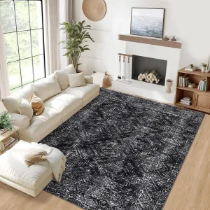Area Rug 6x9 Washable Vintage Geometric Non Slip Large Soft Low Pile Stain Resistant Carpet Black for Bedroom Office Living Room Dining Room