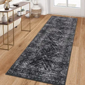 Rug Runners 2x8 Washable Non Slip Vintage Geometric Area Rug Black for Hallway Office Dining Room Living Room