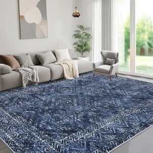 Navy Blue 4x6 Area Rug Blue Vintage Non Slip Low Pile Soft Faux Wool Indoor Carpet for Living Room Bedroom Playroom Nursery