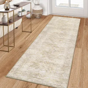 Bethroom Runner Rugs 2x8 Faux Wool Machine Washable Foldable Printed Area Rug Modern Distressed with Non Slip Design Stain Resistant Non Shedding Pet Friendly Carpet Perfect for Home Decor, Beige