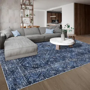 Navy Blue 6x9 Washable Area Rug Vintage Non Slip Low Pile Soft Throw Floor Cover Blue for Living Room Bedroom Playroom Nursery
