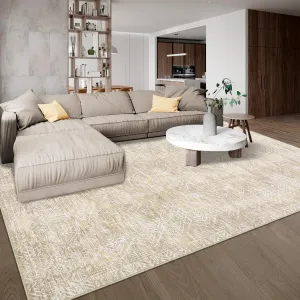 4x6 Rug Machine Washable Foldable Printed Area Rug Modern Distressed Non Slip Beige Faux Wool