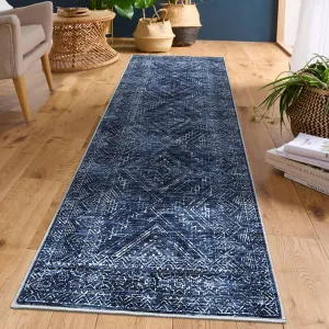 Washable Runner Rug 2x8 Vintage Blue Non Slip Low Pile Soft Throw Floor Cover for Living Room Bedroom Hallway
