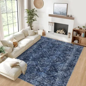 Navy Blue Washable 9x12 Area Rug for Living Room Vintage Rugs for Bedroom Blue Rug Geometric Soft Large Area Rug Non Slip Throw Rugs Low Pile Stain Resistant Carpet for Nursery Dining Room 9'x12'