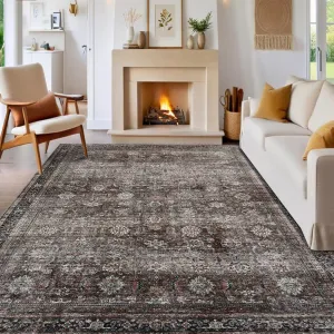 Oriental Brown 9x12 Large Area Rugs, Washable Vintage Printed Living Room Rugs, Non-Slip Farmhouse Distressed Indoor Floor Carpet, Non-Shedding Low Pile Rugs for Bedroom, Living Room, Office