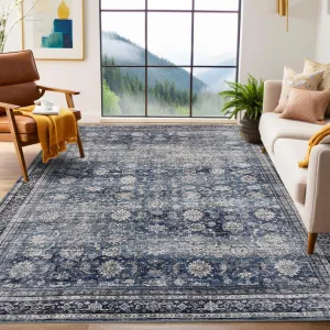 Oriental Retro Blue 6x9 Washable Vintage Area Rug Non-Slip Low Pile Pearl Velvet Stain-Resistant Foldable Blue Living Room Bedroom