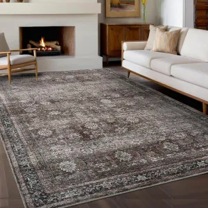 Oriental Brown 10x13 Large Area Rugs  Vintage Living Room Rugs with Non-Slip Backing, Machine Washable Oriental Distressed Floor Carpet, Stain-Resistant Foldable Low Pile Rugs for Bedroom, Office