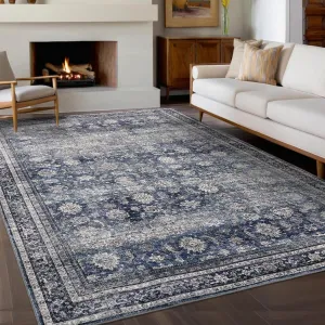 Oriental Retro Blue 5x7 Vintage Area Rugs with Non-Slip Backing, Machine Washable, Pearl Velvet Soft Surface, Stain-Resistant Polyester, Foldable, for Living Room
