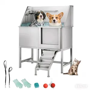 50" Pet Dog Bathing Station, Stainless Steel Dog Bathtub W/Ramp, Floor Grate, Dog Bath Brush, Washing Gloves for Home, Professional Dog Washing Station for Pets, Right Door