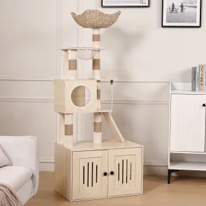 66.9-Inch Cat Tree Tower with Litter Box Enclosure, Multi-Level Cat Furniture Featuring Hammock and Washable Cushions, Indoor Cat Tower for Play, Rest, and Privacy, Wood Color