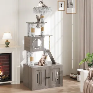 66.9-Inch Cat Tree Tower with Litter Box Enclosure, Multi-Level Cat Furniture Featuring Hammock and Washable Cushions, Indoor Cat Tower for Play, Rest, and Privacy, Gray