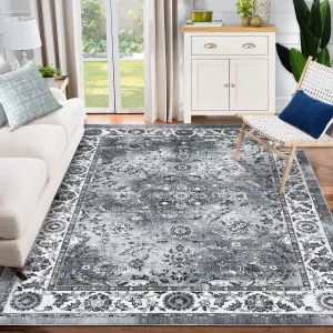 Area Rug 8x10 Living Room Floor Carpet, Low Pile Vintage Pearl Velvet Rug with Anti-Slip Backing, Machine Washable Soft Rug for Bedroom, Dining Room, Nursery Room, Gray Tones