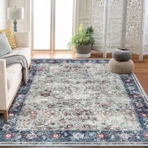 Persian Multicolor 5x7 Washable Area Rug Vintage Distressed Traditional Design Polyester Soft Texture Non Slip Indoor Accent Mat
