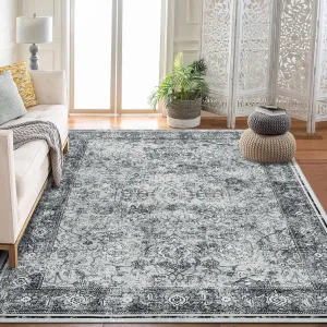 Persian Grey 5x7 Vintage Washable Area Rug - Distressed Oriental Design, Non-Slip, Polyester, Thin & Foldable, Indoor Living Room Accent