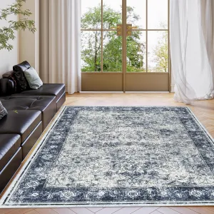 Persian Blue 5x7 Vintage Washable Area Rug Distressed Non-Slip Polyester Soft Texture Foldable Indoor Accent Mat High Traffic