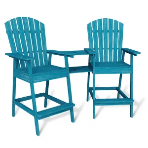 Outdoor Bar Height Adirondack Chairs Solid Wood Connecting Tray Ergonomic Support Integrated Footrest Balcony Deck Patio Set of 2 Blue