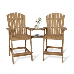 Outdoor Adirondack Barstools Set of 2 with Connecting Tray, Ergonomic High Back, Solid Wood, Built-In Footrest, Removable Tray, Patio Deck Balcony