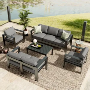 5-Piece Dark Gray Aluminum Patio Furniture Set with Weather-Resistant Cushions, Heavy-Duty Frame, Removable Cushions, L-Shaped Sectional, Outdoor Lounge