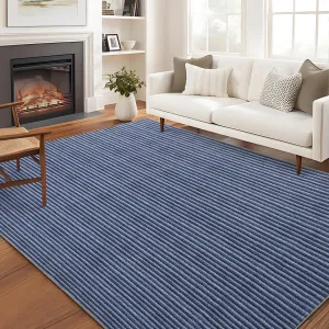 Non-Slip Living Room Area Rug 10x13 Large Machine Washable Rug, Low Pile Modern Stripe Floor Carpet, Indoor Foldable Printed Rug, Pearl Velvet Soft Rug for High Traffic Areas, Blue Tones