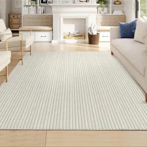 Non-Slip Living Room Area Rug 10x13 Large Machine Washable Rug, Low Pile Modern Stripe Floor Carpet, Indoor Foldable Printed Rug, Pearl Velvet Soft Rug for High Traffic Areas, Beige Tones