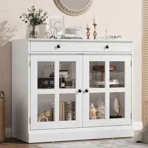 35.4" Sideboard Buffet Cabinets With Glass Doors and Drawers, White