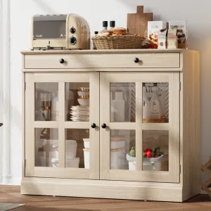 35.4" Sideboard Buffet Cabinets With Glass Doors and Drawers, Oak