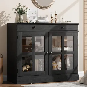 35.4" Sideboard Buffet Cabinets With Glass Doors and Drawers, Black