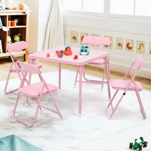 Pink 5-Piece Kids' Table & Chairs Set - Leather-Padded Folding Chairs, Foldable Square Activity Table with Durable Steel Frame & Soft Cushion for Eating, Reading, Play