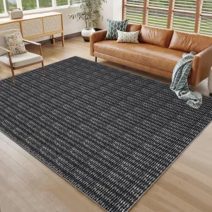 Modern Black 8x10 Washable Area Rug – Low-Pile, Non-Slip, Non-Shedding Braided Print Carpet for Living Room, Bedroom, Nursery, or Playroom